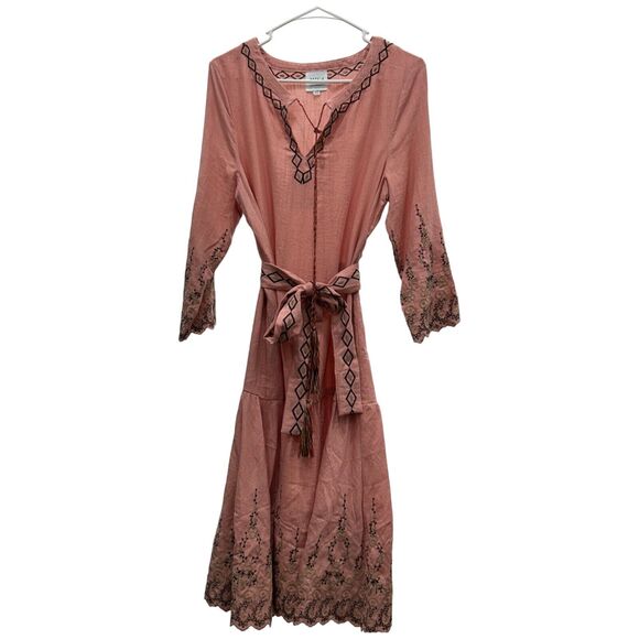 Misa Boho Dress Womens XS Pink Viscose Embroidered Tie Waist V Neck Drawstring - Picture 1 of 16